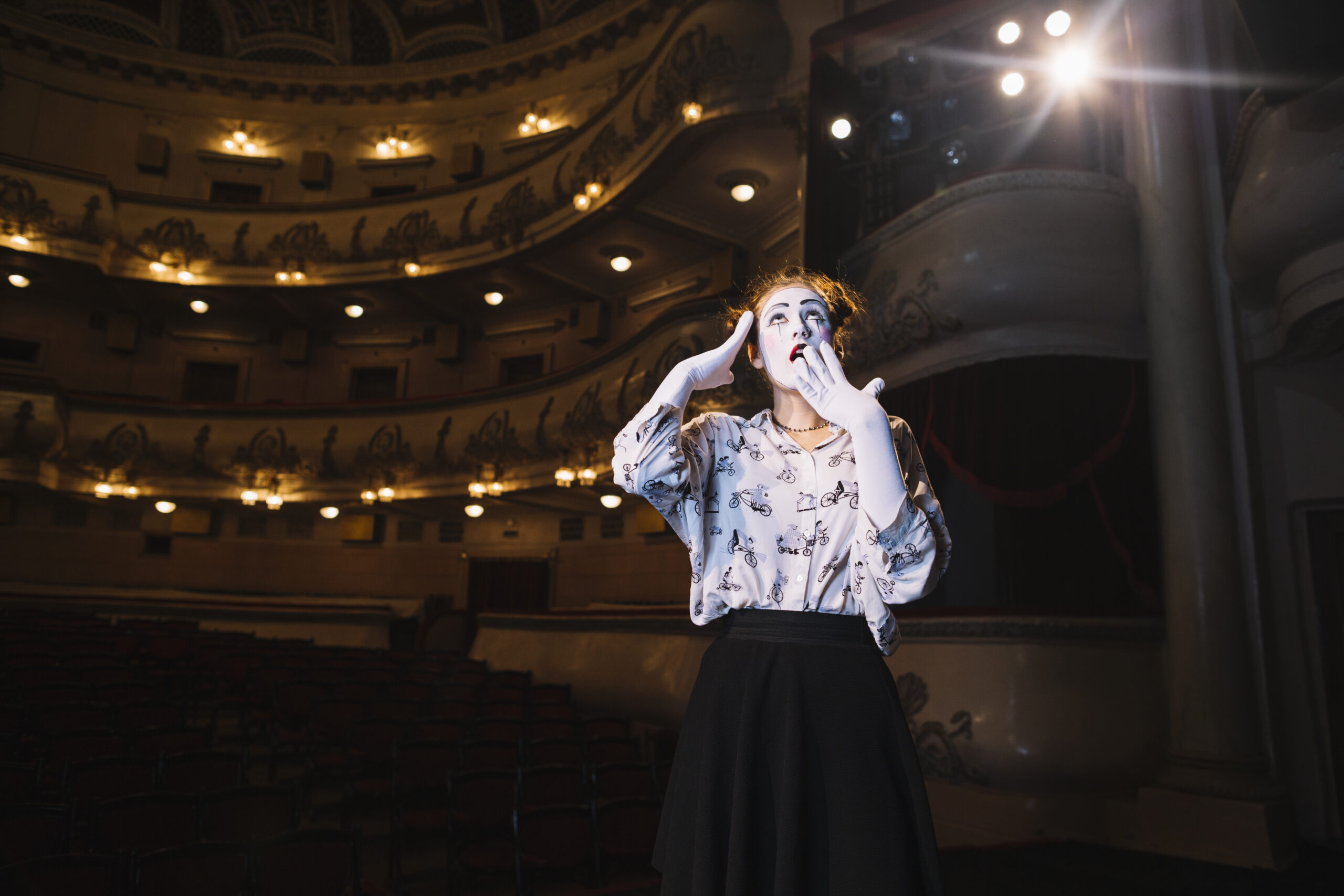 portrait shocked female mime standing auditorium looking up scaled Национальный детский театр открывается в Мордовии